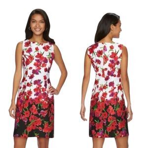 Chaps Floral Sheath Dress Cotton Sleeveless Midi Red Black White Womens 14